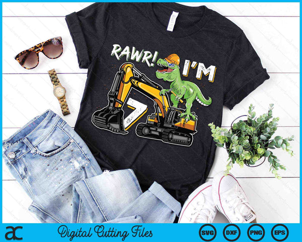 Rawr I’m 7 T Rex Dinosaur Construction Hat Excavator 7th Birthday Boys SVG PNG Digital Cutting Files