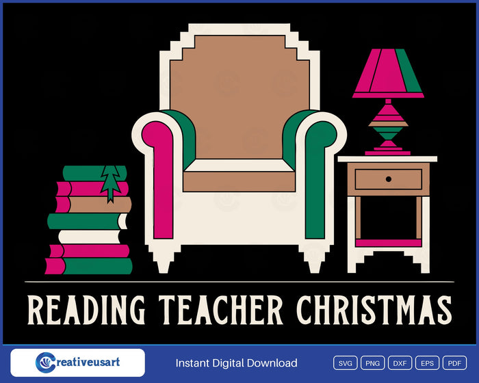 Reading Teacher Christmas with a cozy armchair, lamp and stack of books SVG design on a black background