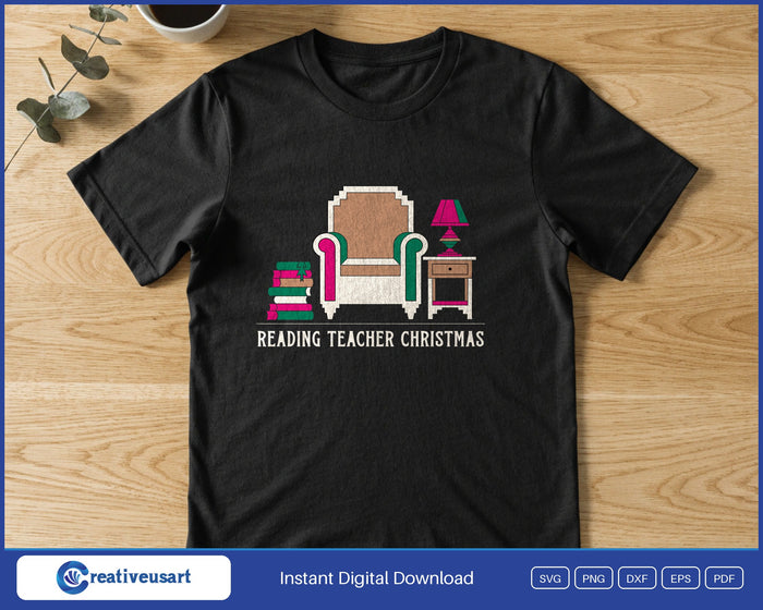 Reading Teacher Christmas with a cozy armchair, lamp and stack of books SVG printed on a black t-shirt