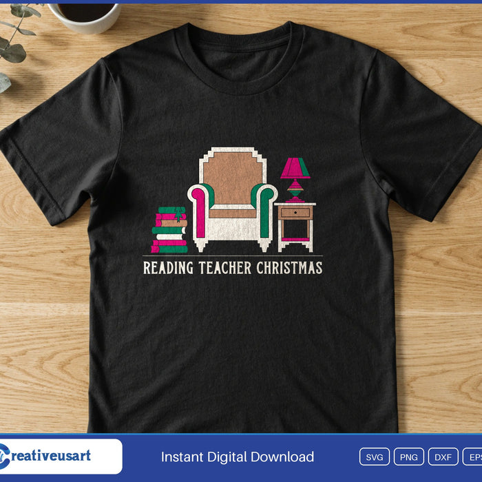 Reading Teacher Christmas with a cozy armchair, lamp and stack of books SVG printed on a black t-shirt
