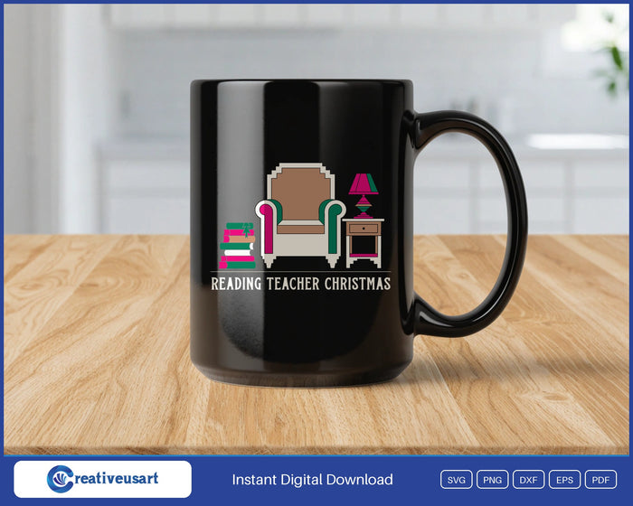 Reading Teacher Christmas with a cozy armchair, lamp and stack of books SVG design on a black coffee mug