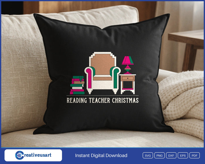 Reading Teacher Christmas with a cozy armchair, lamp and stack of books SVG design on a black throw pillow