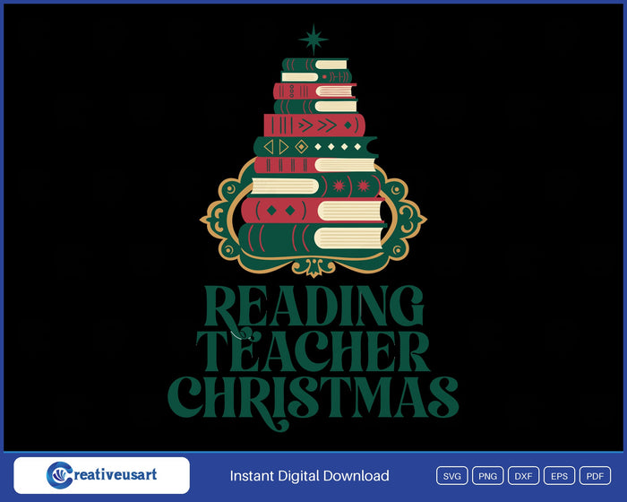 Reading Teacher Christmas with a stack of books shaped like a tree SVG design on a black background