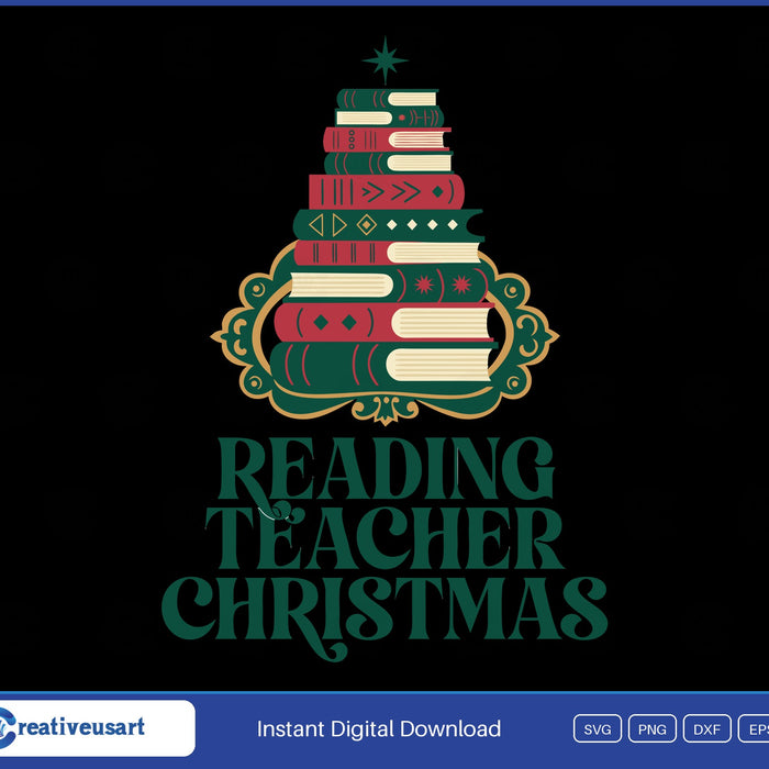 Reading Teacher Christmas with a stack of books shaped like a tree SVG design on a black background