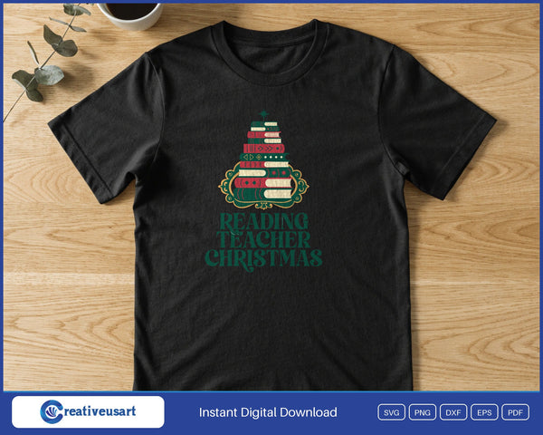 Reading Teacher Christmas with a stack of books shaped like a tree SVG printed on a black t-shirt
