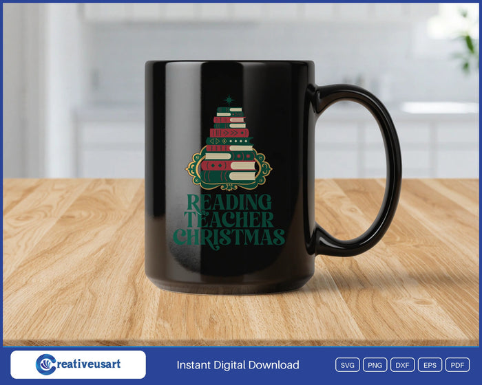 Reading Teacher Christmas with a stack of books shaped like a tree SVG design on a black coffee mug