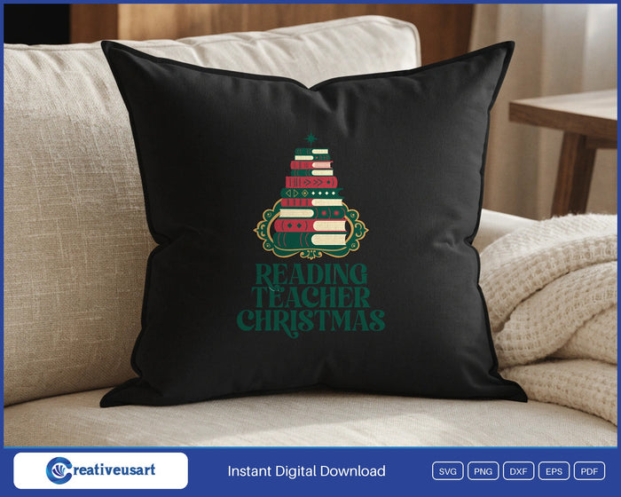 Reading Teacher Christmas with a stack of books shaped like a tree SVG design on a black throw pillow