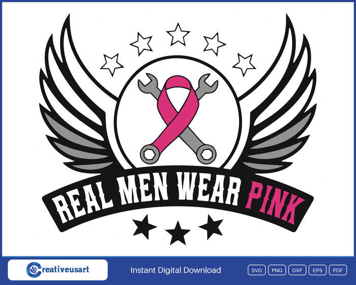 Men's Breast Cancer Support Winged Wrench Badge SVG design on a white background