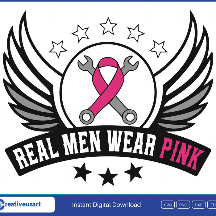 Men's Breast Cancer Support Winged Wrench Badge SVG design on a white background