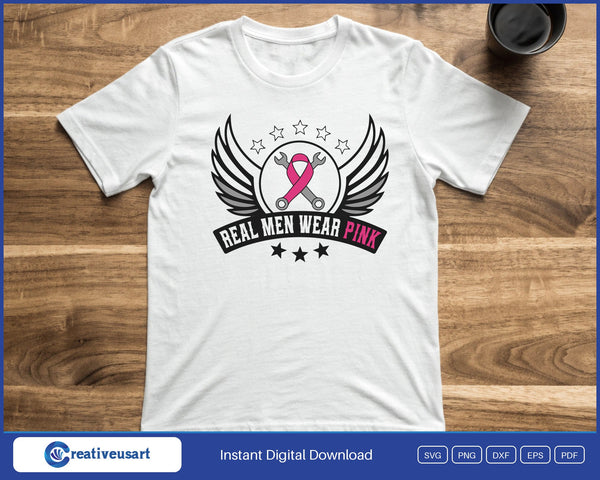 Men's Breast Cancer Support Winged Wrench Badge SVG printed on a white t-shirt