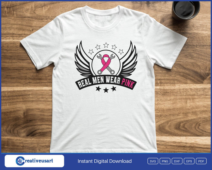 Men's Breast Cancer Support Winged Wrench Badge SVG printed on a white t-shirt