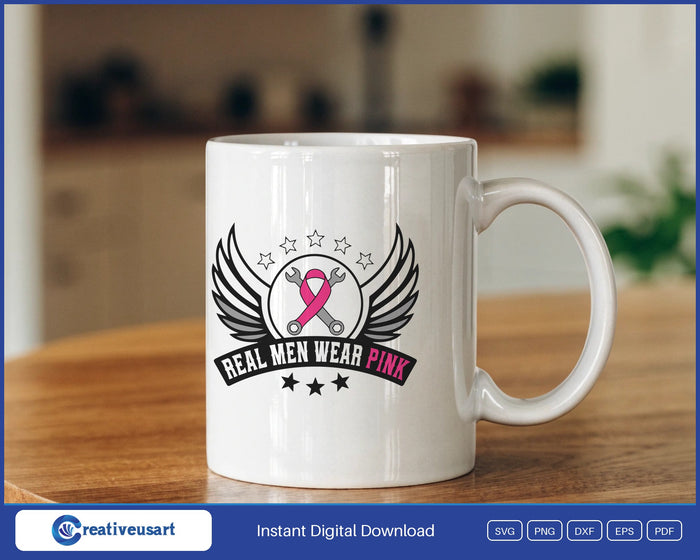 Men's Breast Cancer Support Winged Wrench Badge SVG design on a white coffee mug