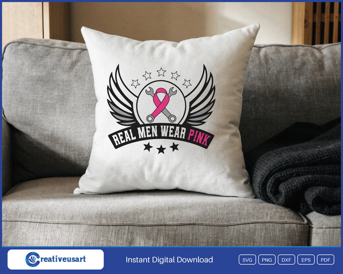 Men's Breast Cancer Support Winged Wrench Badge SVG design on a white throw pillow