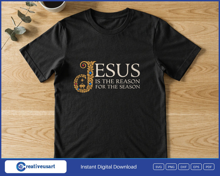 Jesus Is The Reason For The Season illuminated nativity design printed on a black t-shirt