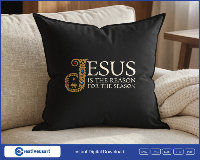 Jesus Is The Reason For The Season illuminated nativity design on a black throw pillow