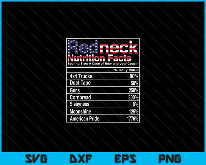 Datos nutricionales de Redneck 4 de julio País Divertido SVG PNG Cortar archivos imprimibles