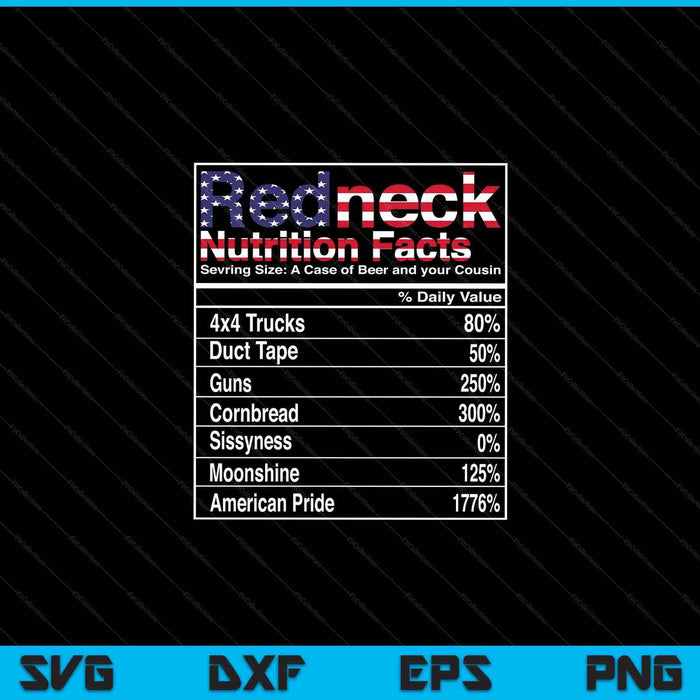 Datos nutricionales de Redneck 4 de julio País Divertido SVG PNG Cortar archivos imprimibles