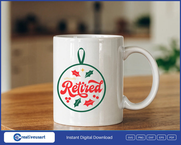 Officially retired Christmas ornament with holly SVG design on a white coffee mug