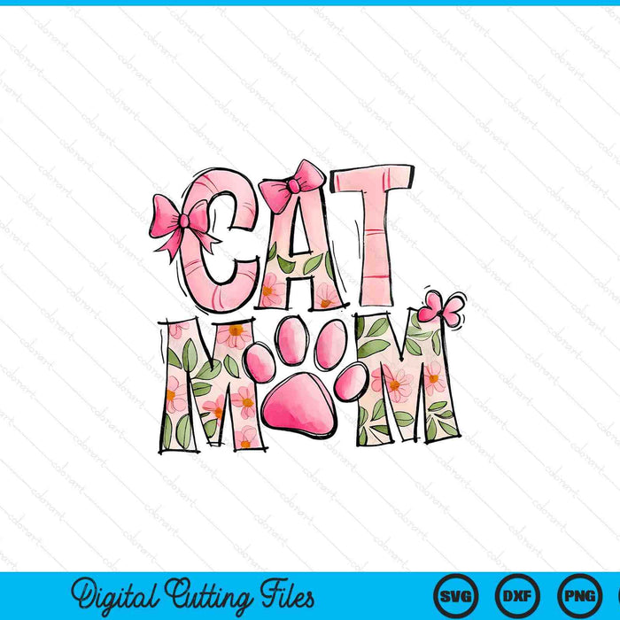 Retro Floral Cat Mom Coquette Bow SVG PNG Digital Printable Files