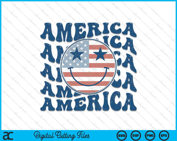 Retro Groovy Amerika USA glimlach gezicht patriottische 4 juli SVG PNG digitale snijbestanden
