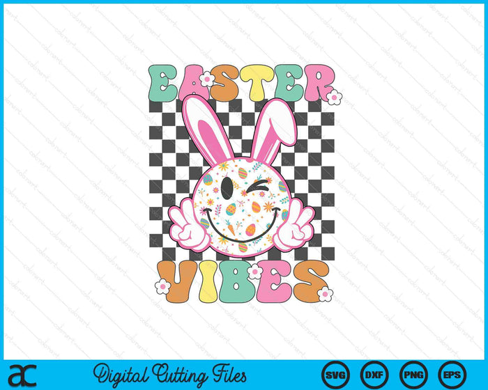 Retro Groovy Easter Vibes Bunny Checkered Smile SVG PNG Digital Printable Files