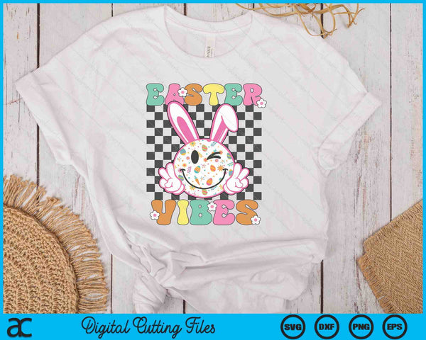 Retro Groovy Easter Vibes Bunny Checkered Smile SVG PNG Digital Printable Files