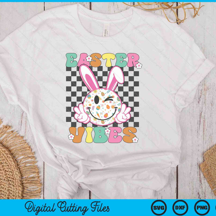 Retro Groovy Easter Vibes Bunny Checkered Smile SVG PNG Digital Printable Files