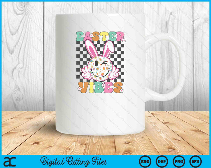 Retro Groovy Easter Vibes Bunny Checkered Smile SVG PNG Digital Printable Files
