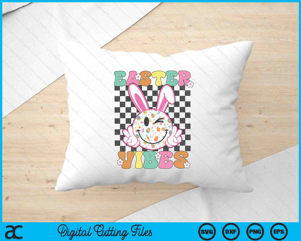 Retro Groovy Easter Vibes Bunny Checkered Smile SVG PNG Digital Printable Files