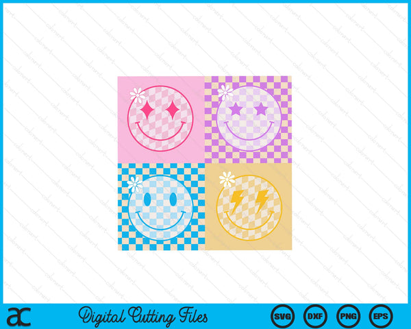 Retro happy face checkered pattern smile face trendy SVG cut file