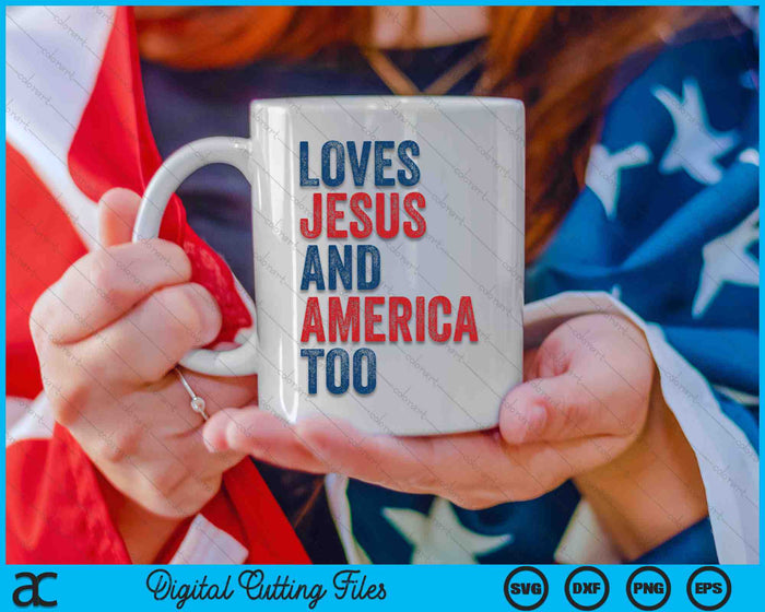 Retro houdt van Jezus en Amerika Too God Christian 4 juli SVG PNG digitale snijbestanden