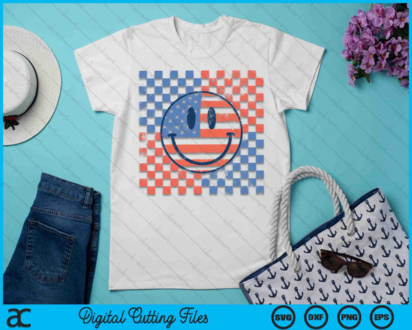 Retro Smiley Face Bandera Americana 4 de julio Patriótico SVG PNG Archivo de corte digital - on a t-shirt
