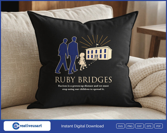 Ruby Bridges silhouette SVG design on a black throw pillow