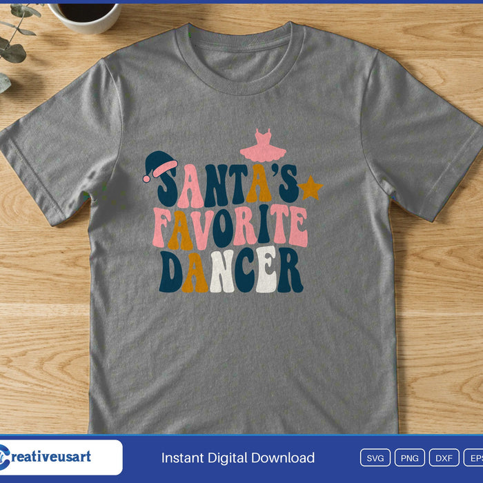 A small pink tutu and Santa hat with retro letters reading Santa's Favorite Dancer, on a gray t-shirt