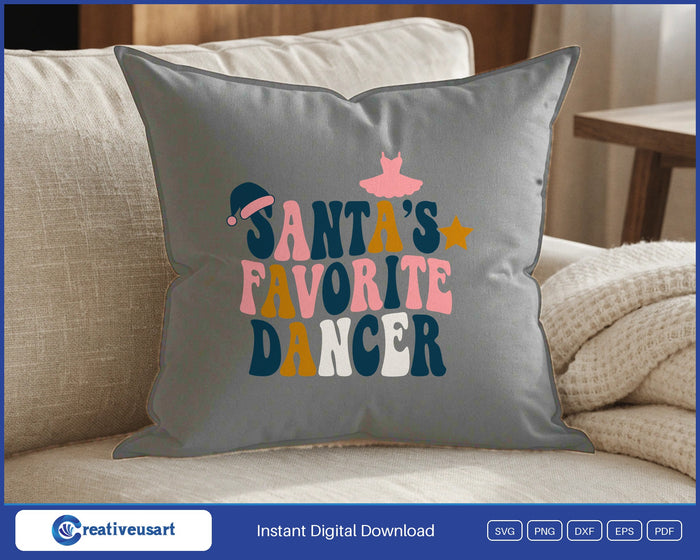 Santa's Favorite Dancer with a pink tutu and a Santa hat SVG design on a gray throw pillow
