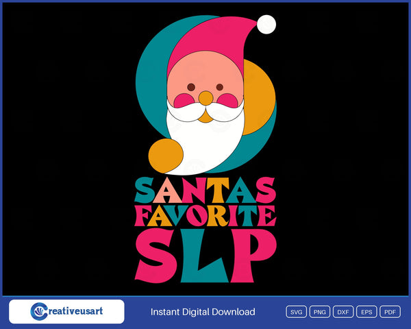 Santa's Favorite SLP with a geometric Santa face in a pink hat SVG design on a black background