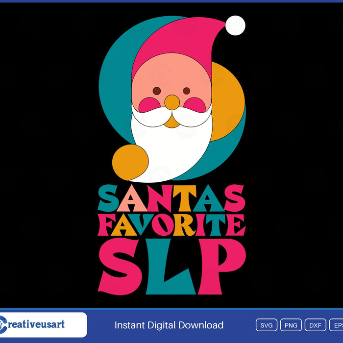 Santa's Favorite SLP with a geometric Santa face in a pink hat SVG design on a black background