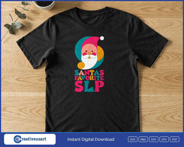 Santa's Favorite SLP with a geometric Santa face in a pink hat SVG printed on a black t-shirt
