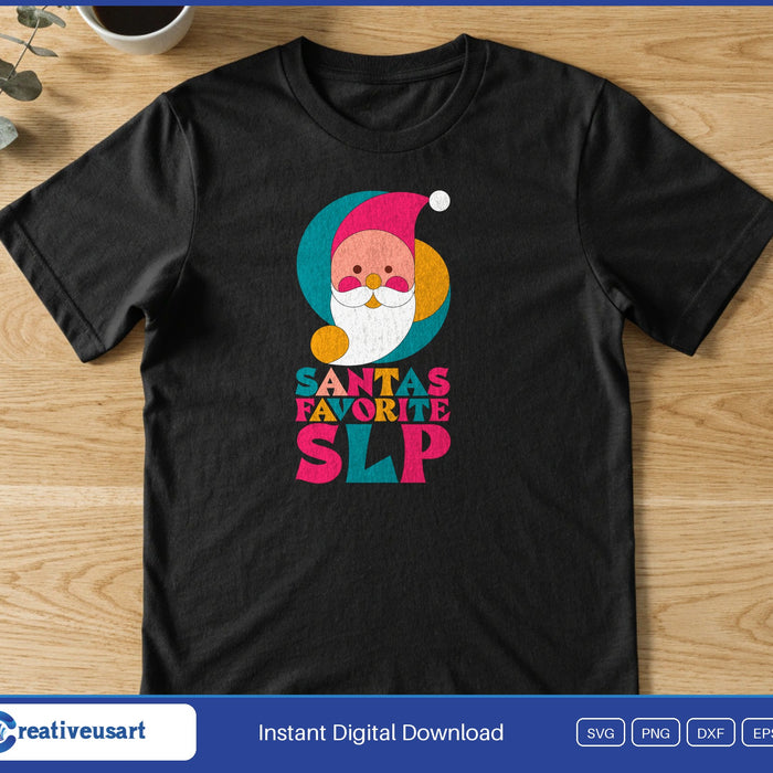 A geometric Santa face above the words Santas Favorite SLP in bright colors, on a black t-shirt