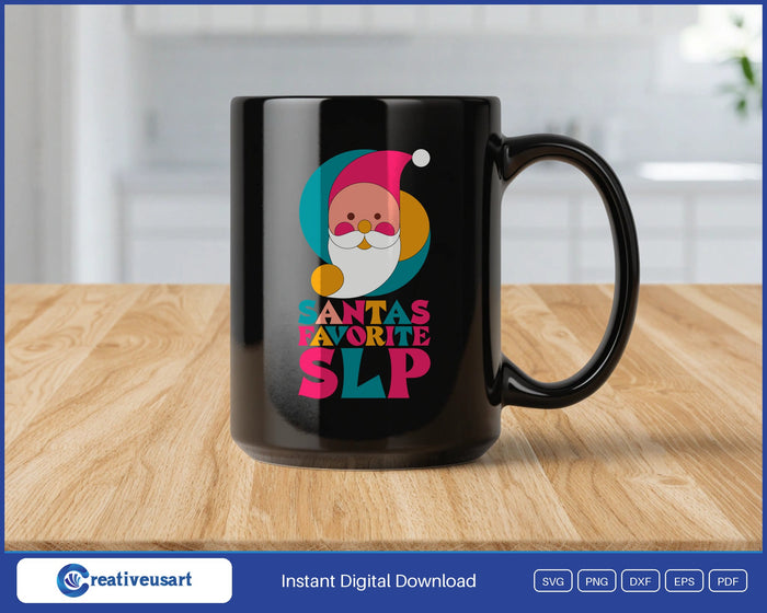 Santa's Favorite SLP with a geometric Santa face in a pink hat SVG design on a black coffee mug