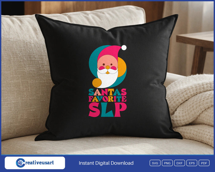 Santa's Favorite SLP with a geometric Santa face in a pink hat SVG design on a black throw pillow