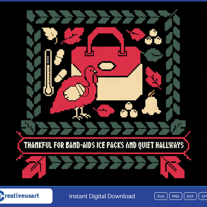 School Nurse Thanksgiving with a cross-stitch nurse bag and turkey SVG printed on a black t-shirt