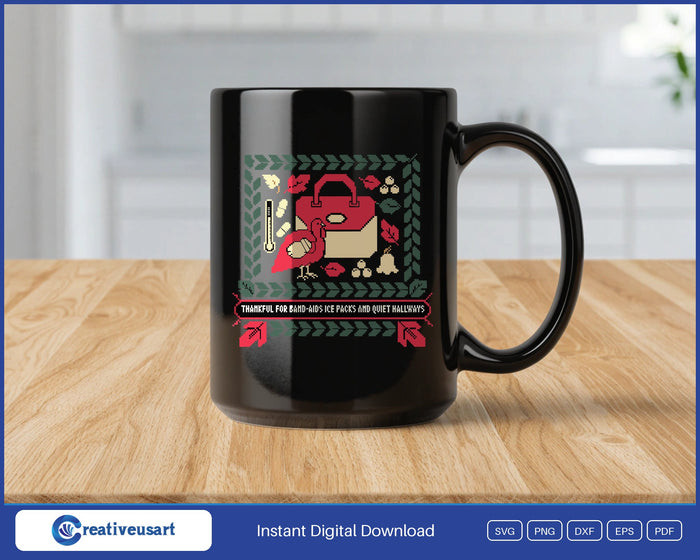 School Nurse Thanksgiving with a cross-stitch nurse bag and turkey SVG design on a black coffee mug