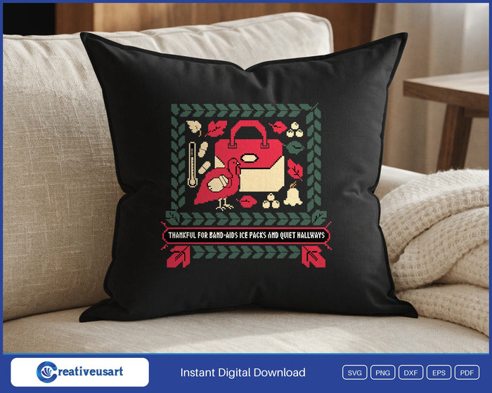 School Nurse Thanksgiving with a cross-stitch nurse bag and turkey SVG design on a black throw pillow