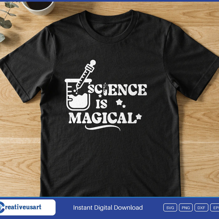 A beaker with a dropper beside the words Science is magical and small stars, on a black t-shirt