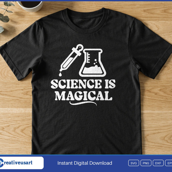 A flask with a dropper above the words Science is magical, on a black t-shirt