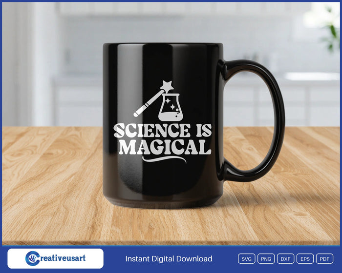 Science Is Magical wand and flask SVG design on a black coffee mug