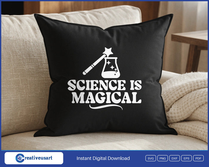 Science Is Magical wand and flask SVG design on a black throw pillow