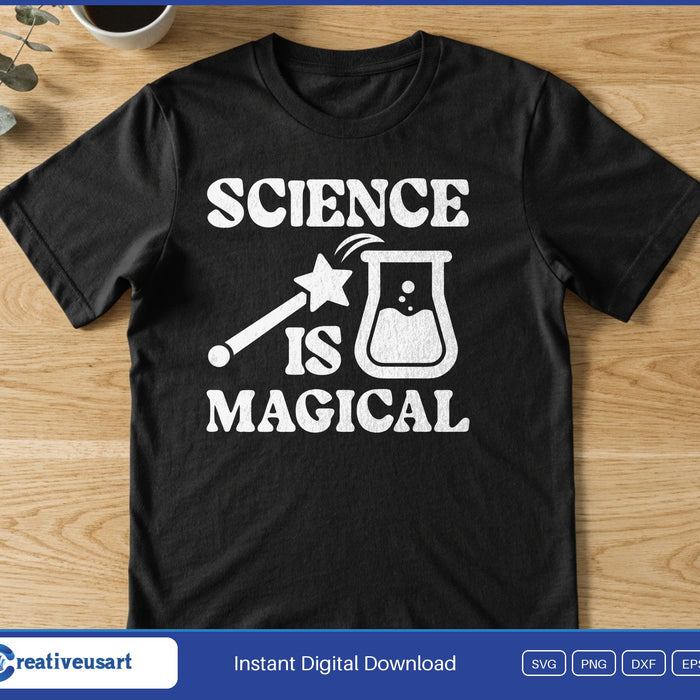 A star wand and a flask between the words Science is magical, on a black t-shirt