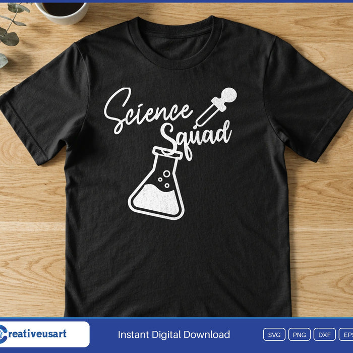 A flask and dropper below the words Science Squad in white script, on a black t-shirt